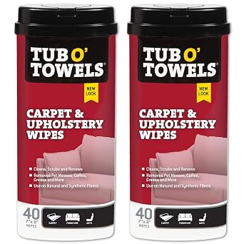 Tub O' Towels Carpet & Upholstery Cleaning Wipes 2 Pack – 7 x 8 Pre-Moistened Multi Surface Fabric Cleaning Wipes, 40 Co