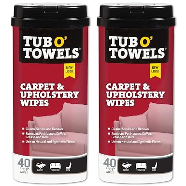 Tub O' Towels Carpet & Upholstery Cleaning Wipes 2 Pack – 7 x 8 Pre-Moistened Multi Surface Fabric Cleaning Wipes, 40 Co