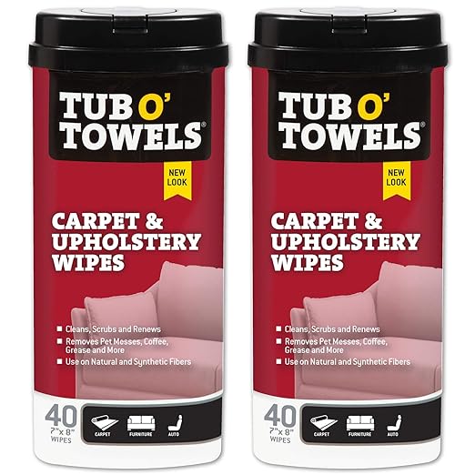 Tub O' Towels Carpet & Upholstery Cleaning Wipes 2 Pack – 7 x 8 Pre-Moistened Multi Surface Fabric Cleaning Wipes, 40 Co