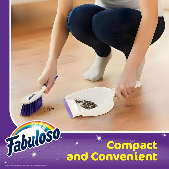 Fabuloso Brush and Dustpan Set, Compact Hand Broom Floor Sweeper with Snap-Together Storage and Hanging Hole, Quick Sweeping for Kitchen, Bathroom, Office and Car, White & Purple