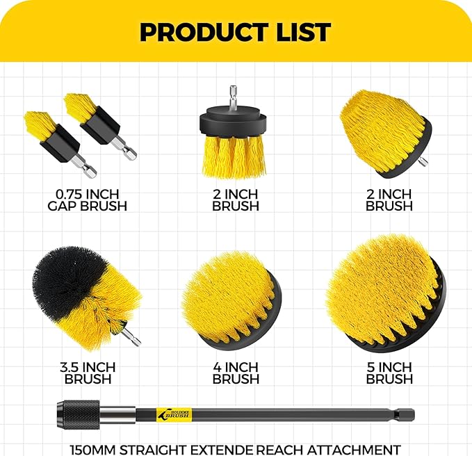 Holikme 8 Piece Drill Brush Attachments Set, Power Scrubber with Extend Long Attachment，Cleaning Supplies for Bathtub, Shower, Grout, Tile(Yellow)