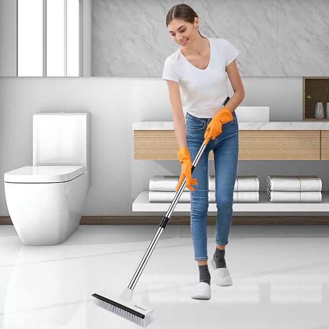 SetSail Floor Scrub Brush with 51-Inch Long Adjustable Handle 2 in 1 Scrape Brush Stiff Bristle Floor Scrubber for Cleaning Shower Bathroom Garage Kitchen Wall Deck Tub Tile,Black White