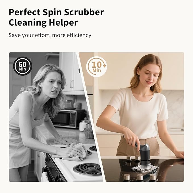 Electric Spin Scrubber, Cordless Power Dish Scrubber Brush, Type-C Fast Charging with LED Power Display, 3 Speeds, 6 Replaceable Heads for Cleaning Kitchen Stove/Bowl/Sink/Corner/Tile/Grout (Grey)