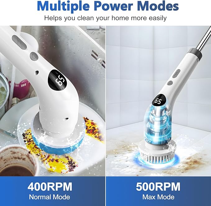 qimedo Electric Spin Scrubber with Extended Long Handle, Rechargeable Handheld Electric Scrubber for Cleaning, Cordless Power Dish Scrubber with 7 Brushes for Bathtub Grout Tile Floor