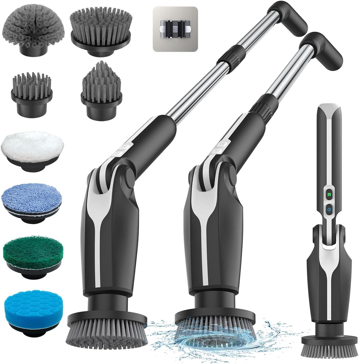 Electric Spin Scrubber, Shower Scrubber with 4 Adjustable Angles and 8 Brush Heads, Electric Scrubber with Long Handle & Remote Controller, Cleaning Brush for Bathroom, Tub, Floor (Black)