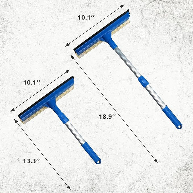Professional 2-in-1 Window Squeegee with Telescopic Stainless Steel Handle (13.3"-18.9") | Sponge & Scraper for Glass, Shower, Car & High Surfaces
