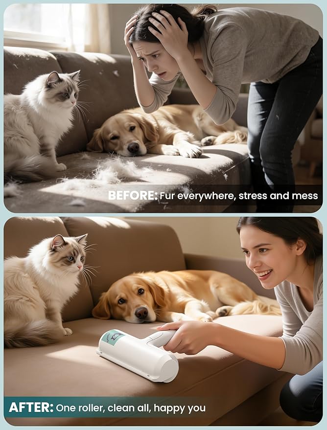 DELOMO Pet Hair Remover Roller: Reusable Lint Roller with Large Fur Bin - Portable Cat and Dog Hair Remover for Couch, Bedding, Car, Rugs & Furniture, Effective and Eco-Friendly, for Multi-Pet Homes