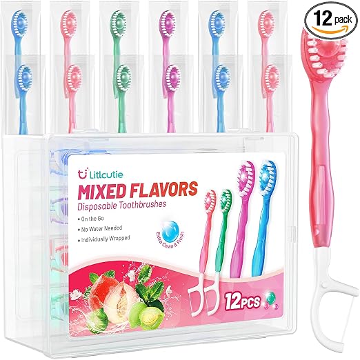 12 Pack 5 in 1 Disposable Mini Toothbrush Travel Set Mixed Flavor
