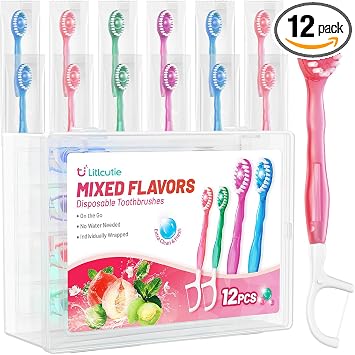 12 Pack 5 in 1 Disposable Mini Toothbrush Travel Set Mixed Flavor