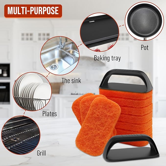 12-Piece Griddle Cleaning Kit for Blackstone, Flat Top Grill Cleaning Kit Non-Scratch Scouring Pads for Kitchen - 10 Scrubber Pads and 2 Handles