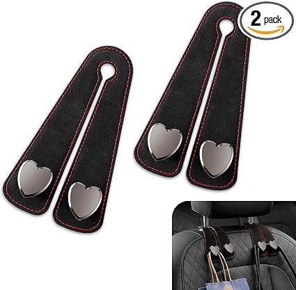 2 PCS Car Seat Headrest Hook, Car Hooks for Headrest, Storage Double Heart Shape Hooks, Suede Foldable Soft Hook Organiz