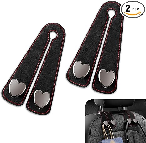 2 PCS Car Seat Headrest Hook, Car Hooks for Headrest, Storage Double Heart Shape Hooks, Suede Foldable Soft Hook Organiz