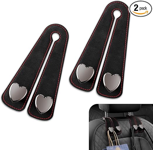 2 PCS Car Seat Headrest Hook, Car Hooks for Headrest, Storage Double Heart Shape Hooks, Suede Foldable Soft Hook Organiz