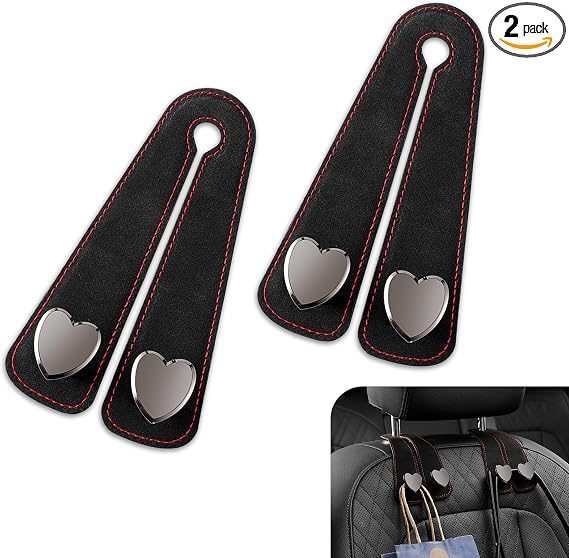 2 PCS Car Seat Headrest Hook, Car Hooks for Headrest, Storage Double Heart Shape Hooks, Suede Foldable Soft Hook Organiz