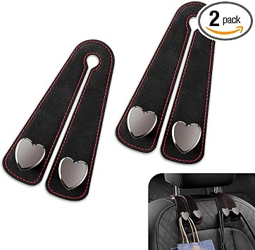 2 PCS Car Seat Headrest Hook, Car Hooks for Headrest, Storage Double Heart Shape Hooks, Suede Foldable Soft Hook Organiz