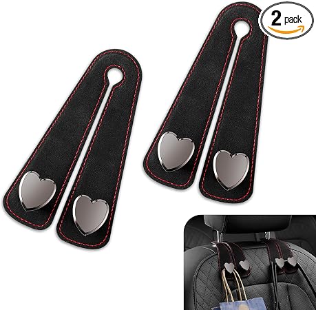 2 PCS Car Seat Headrest Hook, Car Hooks for Headrest, Storage Double Heart Shape Hooks, Suede Foldable Soft Hook Organiz