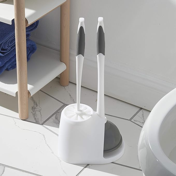 Clorox Toilet Plunger and Brush Bowl Set with Holder Caddy Storage for Cleaning Bathroom and Unclogging Toilets, White & Gray (Pack of 12)