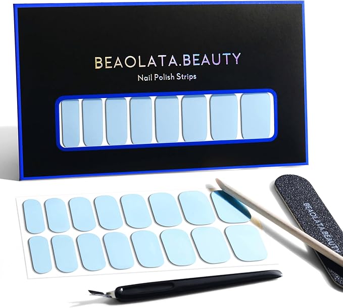 Nail Polish Strips, 32PCS Salon Quality Wraps, Long Lasting Gel Nail Stickers for Women Easy Apply& Remove (Sky Light Blue)