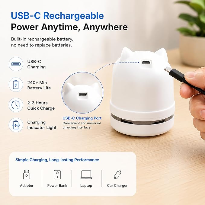 Mini Desktop Vacuum Cleaner Owl Desk Vacuum Cleaner Cute Desk Vacuum Sweeper for Cleaning Eraser Waste, Crumbs, Hair, Paper Scraps on Computer Piano Keyboard Countertop Car