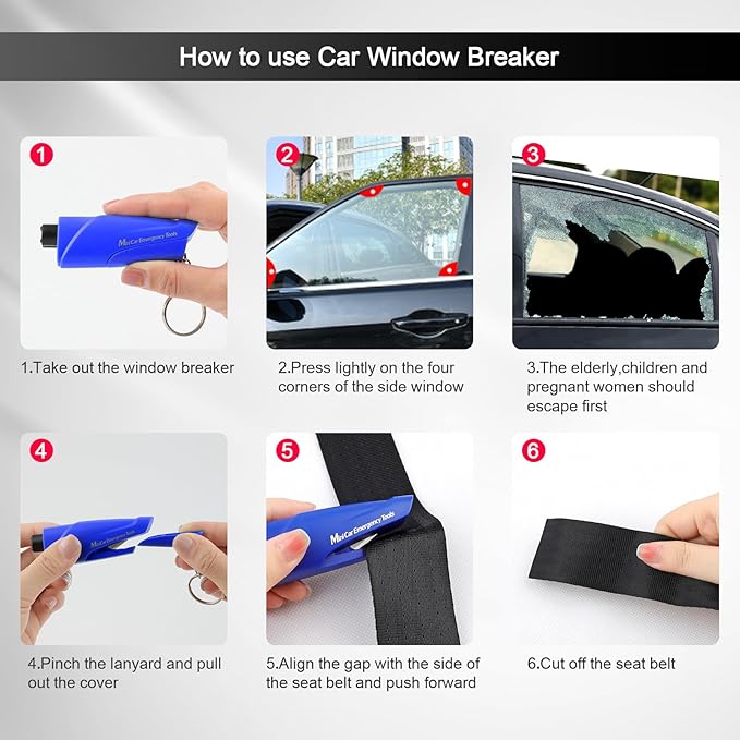 RAPUDA Window Breaker Seatbelt Cutter,3-in-1 Mini Glass Breaker, 3 Pack Car Escape Tool for Land and Underwater,Keychain Car Emergency Tool（Red/Yellow/Blue）