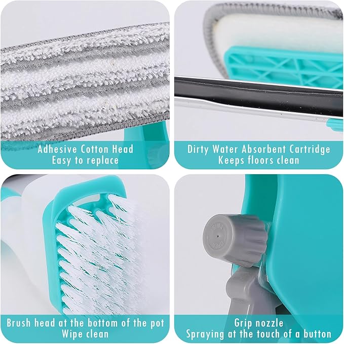 4 in 1 Window Cleaner Tool with Squeegee & Sprayer, 10" Streak-Free Scraper Kit, Portable Multifunction Refillable Bottle for Glass/Shower/Car (Blue)