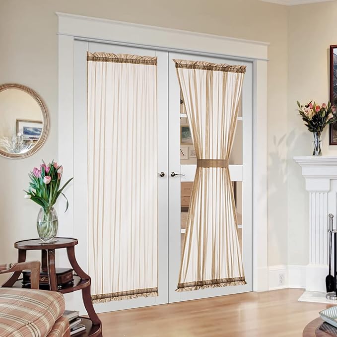 MIULEE French Door Sheer Curtains for Front Back Patio Glass Door Light Filtering Window Treatment with 2 Tiebacks 54 Wide and 72 Inches Length, Brown, Set of 2