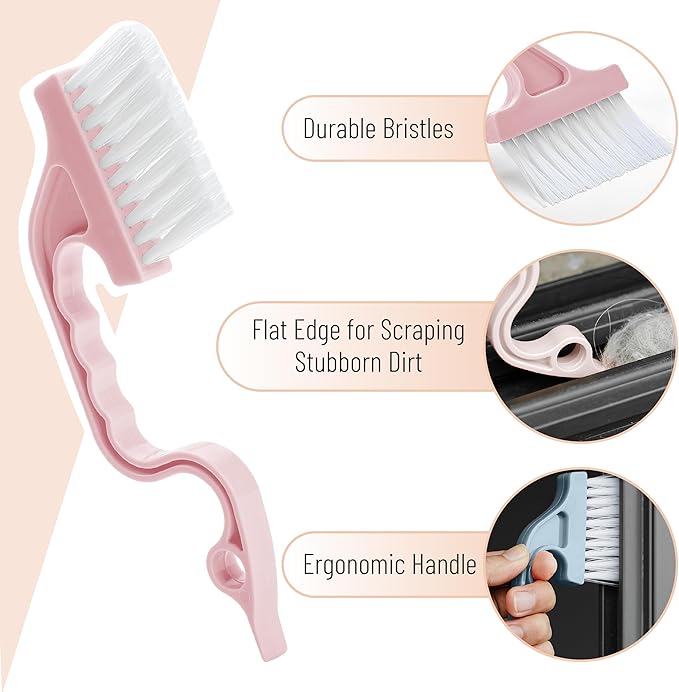 Slick- Window Track Cleaning Brush, 3 Pack, Colorful Ergonomic Handle, Built-in Scraper, Multipurpose, Window Track Cleaning Tools