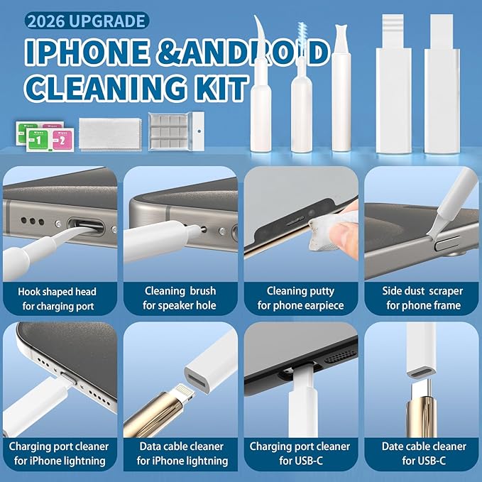 2026 Upgrade Phone Cleaning Kit 47PCS, iPhone Cleaning Kit, Airbud AirPods Cleaning Kit, Keyboard, Charging Port Cleaner for Apple Lightning/Android USB-C - Includes Putty, Cloth & Wipes (White)