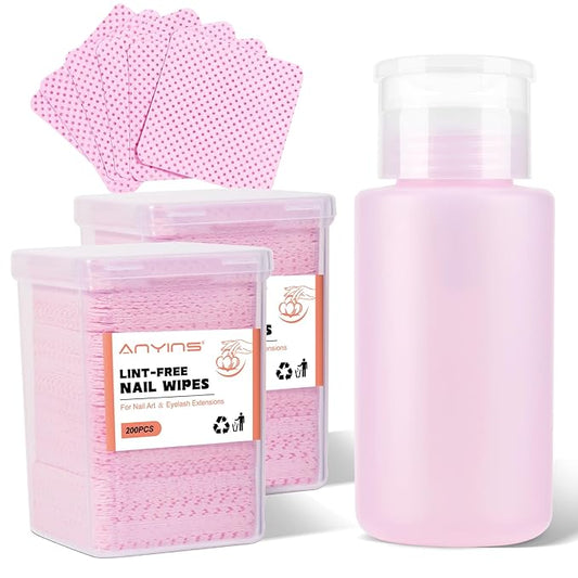 400PCS Lint Free Nail Wipes with Acetone Pump Dispenser, Pink Nail Polish Remover Pads with Dispenser, Eyelash Glue Cleaning Wipe with 180ML Alcohol&Acetone and Polish Remover Pump Bottle Kit