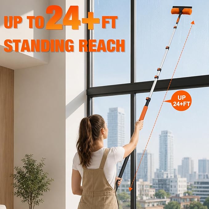 LAANPOLE 30FT Window Squeegee with Extension Pole, 2-in-1 Squeegee for Window Cleaning, Professional Cleaning Kit for Home with 24FT Telescoping Pole for Outdoor Indoor Use
