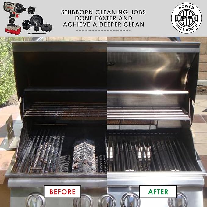 Power Grill Brush - Grill Brush 5 Piece BBQ Cleaning Kit - Nylon Safe Bristle, Wire Free, Safe for All Grates Stainless Steel, Porcelain, Charcoal Smoker Grill Cleaner Scraper, Accessories Outdoor