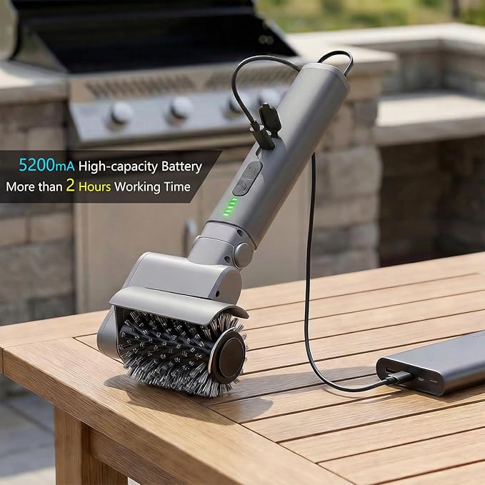 Electric Grill Brush 3-in-1 Kit – Cordless BBQ Cleaner with Reinforced Safe Metal Bristles – 2 Hours Runtime, Waterproof & Dishwasher Safe Removable Brushes for Deep Cleaning (Light Gray)