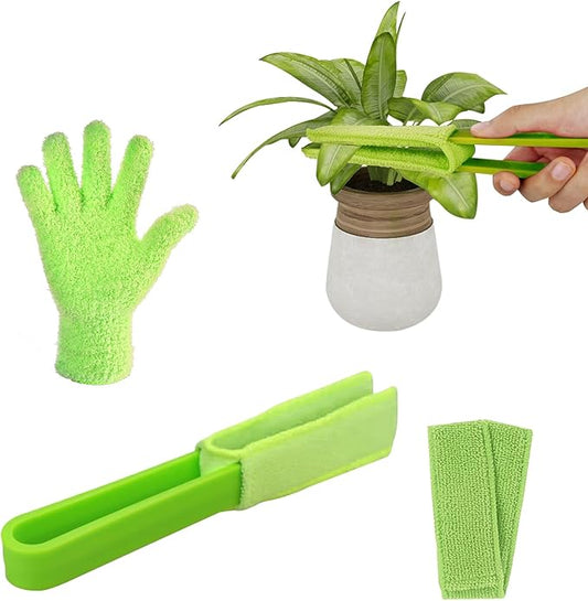 Leaf Cleaning Tongs with 2 Removable Sleeves and 1 Dusting Glove, Washable Reusable Microfiber Sleeves and Gloves Plants Cleaning Set for House Plants, Window Blind (Green)