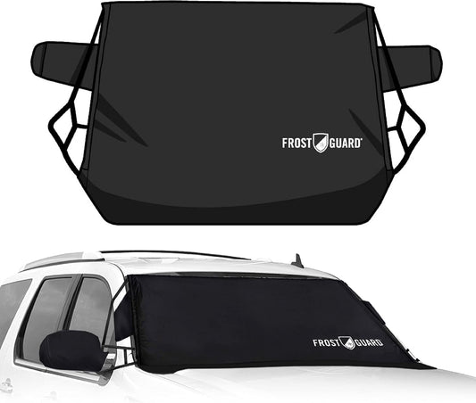 FrostGuard Deluxe | Full-Coverage Car Windshield Cover for Ice and Snow, XL Size - Wiper Blade + Side Mirror Coverage - Fit-Fast Straps + Security Panels - Black, 41 x 68 Inches