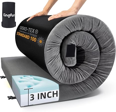 Kingfun 3 Inch CertiPUR-US Memory Foam Camping Mattress Pad, Waterproof Roll up Sleeping Pad, Thick Floor Sleeping Mats 
