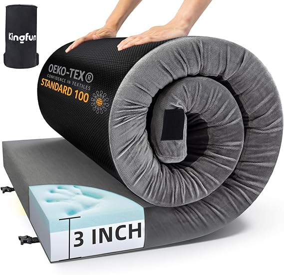 Kingfun 3 Inch CertiPUR-US Memory Foam Camping Mattress Pad, Waterproof Roll up Sleeping Pad, Thick Floor Sleeping Mats 
