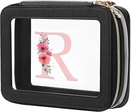 Relavel Personalized Initial Clear Makeup Bag, PU Leather Waterproof Travel Toiletry Bag with Zipper, Portable Skincare 