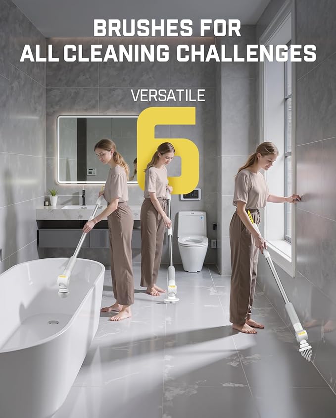 Fanttik Flip G9 Pro Electric Scrubber, VoltiPulse Motor, Dual-Speed Cleaner with 6 Brush Heads, Adjustable Angle & Extendable Handle, IPX7 Waterproof, Type-C Charge for Bathroom, Tile, Grout - White