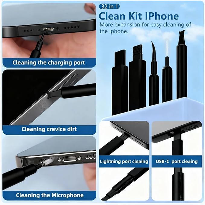 32 in 1 Cell Phone Cleaning kit with Charging Port Cleaner,Stylus Pen,SIM Tool,Keyboard Brush,Speaker Brush,Electronic Cleaning kit for iPhone,AirPods,iPad,Keyboard,MacBook,Earbud,Camera Lens(Black)