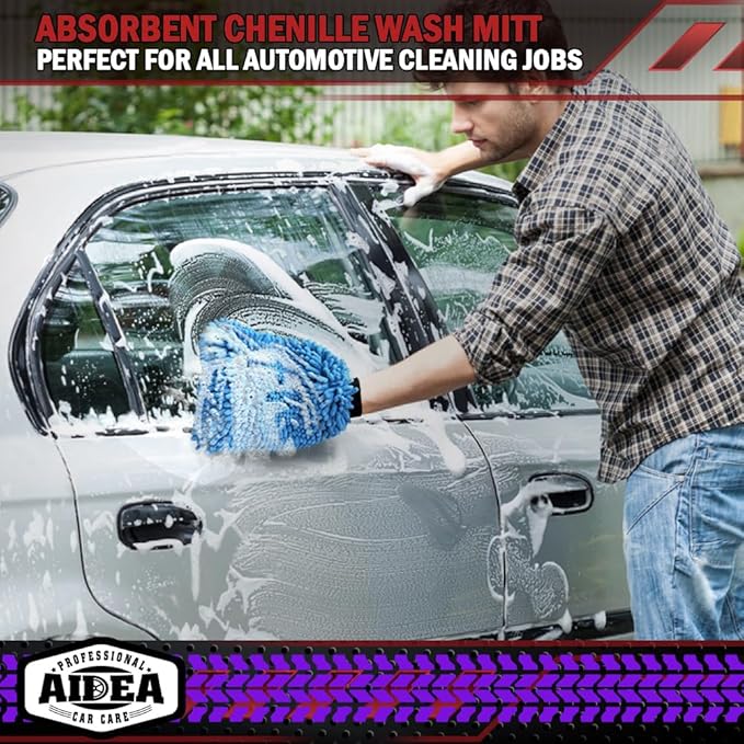AIDEA Car Wash Mitt Microfiber, 2PK Scratch Free Lint-Free, Premium Chenille Microfiber Mitt Car Wash Brush, Green & Blue, Extra Large Size 8''X12''