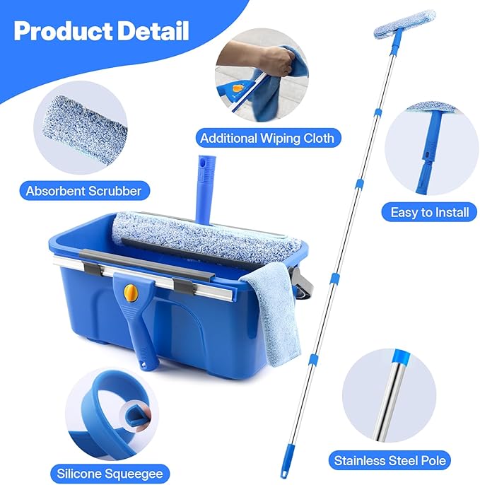 Professional Window Cleaning Kit with Bucket 3 Gallon, 76" Long Handle Window Squeegee and Microfiber Scrubber, High Windows Washing Equipment, Window Cleaner Tool for Commercial, Home, Outdoor, Car