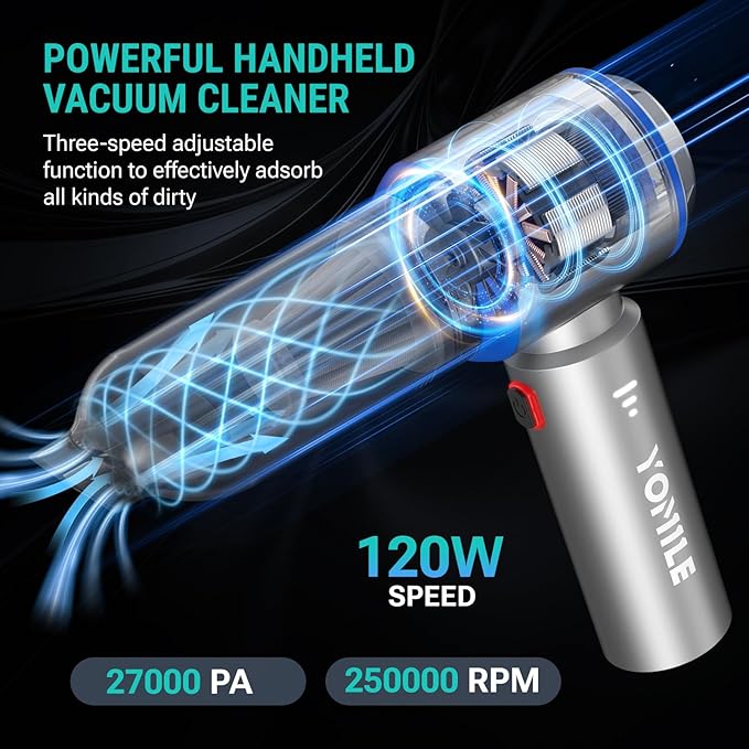 Yomile Mini Vacuum Cleaner, 2 in 1 27000PA Brushless Car Vacuum &250000RPM Air Duster 9000mAh Battery Air Blower Wireless Handheld Vacuum for Car,Office and Home (27Kpa)