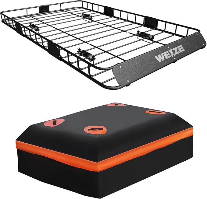 WEIZE 54" x 34" Heavy Duty Roof Rack Basket, 200LBS Universal Rooftop Cargo Basket with Waterproof Bag, Cargo Net & Tie 
