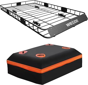 WEIZE 54" x 34" Heavy Duty Roof Rack Basket, 200LBS Universal Rooftop Cargo Basket with Waterproof Bag, Cargo Net & Tie 