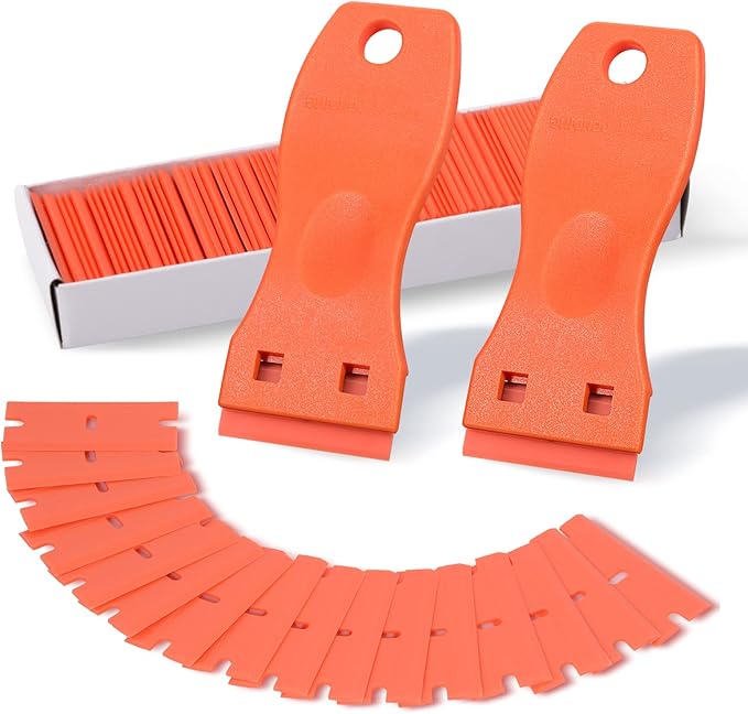 FOSHIO 2PCS Orange Plastic Razor Blade Scraper Tool and 100PCS Orange Plastic Blades for Gasket Remover, Sticker Remover, Labels Decal and Adhesive Remover for Windows and Glass