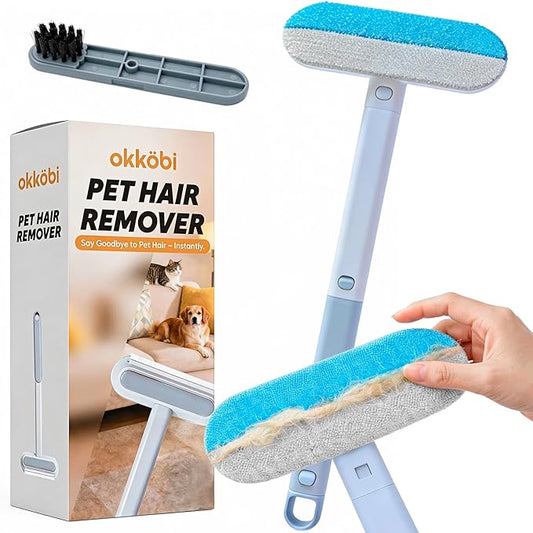 Pet Hair Removal Tool, Reusable Pet Hair Remover for Furniture, Couch, Carpet & Bedding, 17.3" Handle, Wide 7.3" Head, Mini Detail Brush, Easy Clean