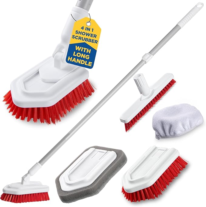 Shower Scrubber with Long Handle, Stiff Bristles Grout-Brush, Tub Scrub-Brush with Long-Handle, Shower-Cleaner Brush, Grout Cleaning Brush for Tile floors, Scouring Pad & Microfiber Cloth for Bathroom