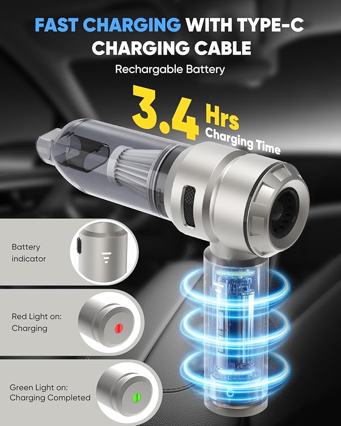 Portable Cordless Car Vacuum Cleaner, 21000Pa Handheld Vacuum with 3 Suction Modes, Type-C Fast Charging, Mini Vacuum for Home, Office, Desk, Keyboard – Bright Silver