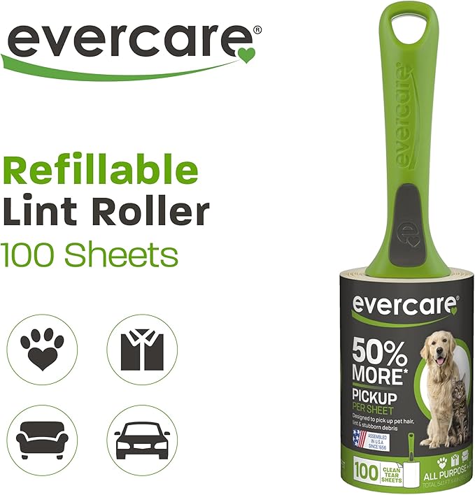 Evercare All Purpose Pet Hair Lint Roller,100 Sheets – Reusable Sticky Roller for Pet Hair,Cat & Dog-Hair Remover,Lint Remover,Pet-Hair-Remover for Furniture,Clothing & Cars,(Pack of 6)