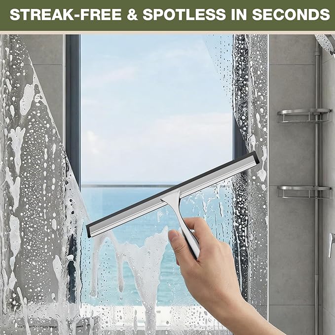 FARMER Shower Squeegee for Glass Doors, 10-Inch Glass Squeegee for Windows, Car Glass and Mirrors, Multi-Purpose Stainless Steel Squeegee with Suction Wall Hook and Over Door Hook, Silver